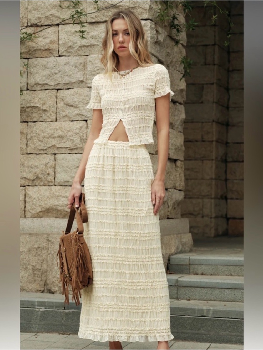 Commense Cream Tiered Maxi Skirt